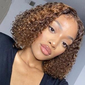 T part 4/27 deep curly short curly human hair wig bob wig highlights glueless
